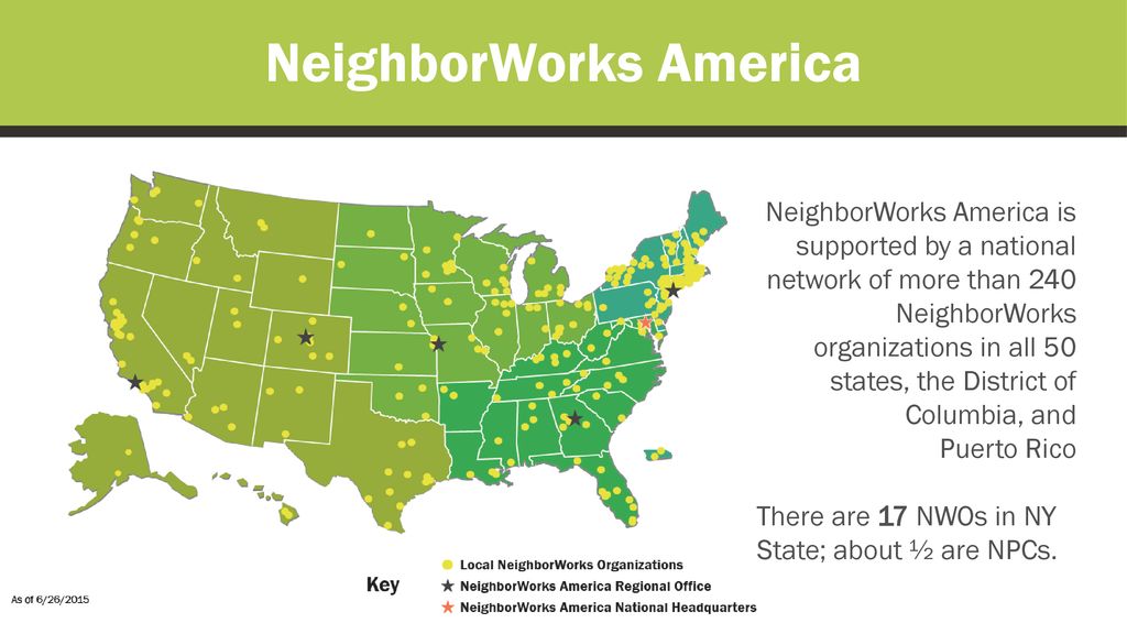 NeighborWorks America is supported by a national network of more than 240 NeighborWorks organizations in all 50 states, the District of Columbia, and Puerto Rico. There are 17 NWOs in NY State; about ½ are NPCs.
