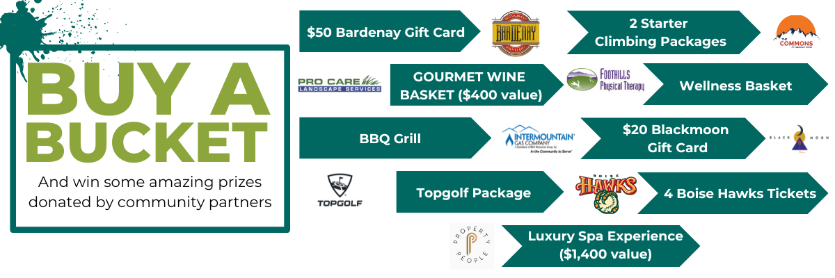 Buy a Bucket prizes including gift cards, wine baskets, luxury spa package, top golf, BBQ Grill.