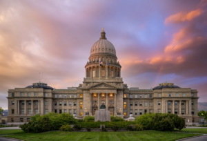 The state capital building in Boise, Idaho during a sunset