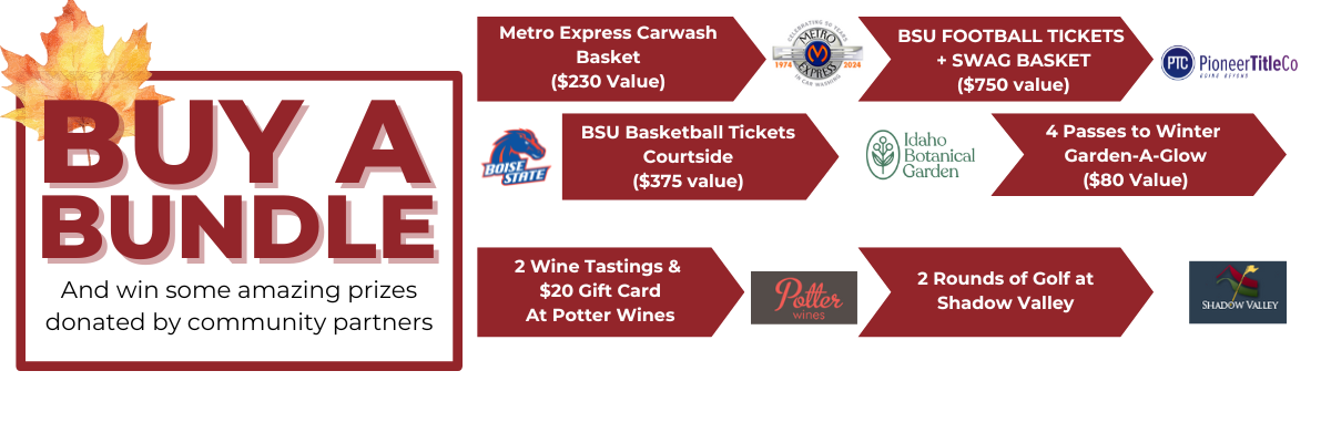 Rake Up Boise Prizes, BSU Football tickets, BSU basketball tickets, Botanical garden tickets, Potter Wines tastings, Metro Express Carwash Basket, 2 rounds Shadow Valley