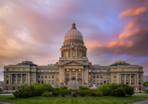 The state capital building in Boise, Idaho during a sunset